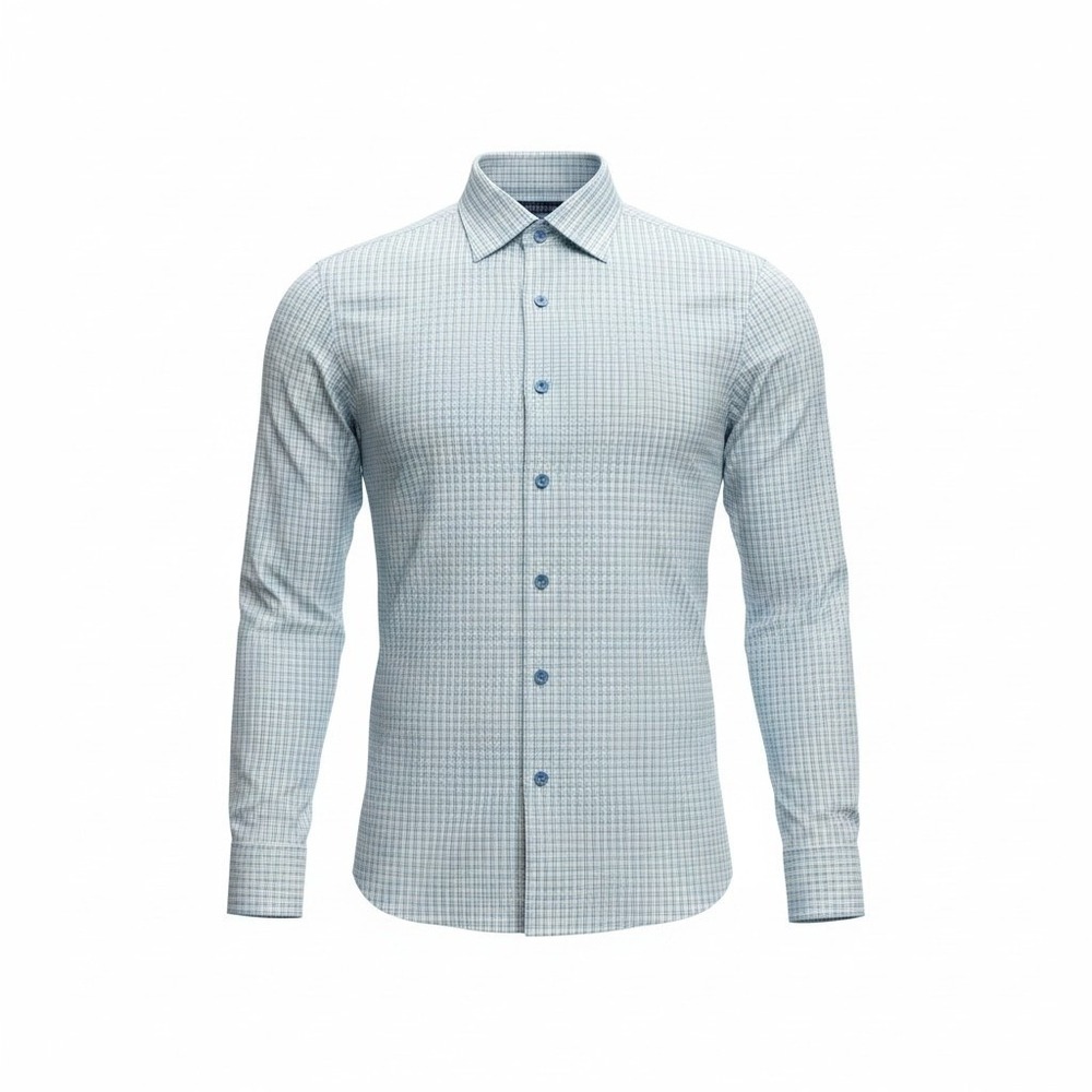 David Donahue Dress Shirt Men 16 32/33 Blue Check Trim Fit Cotton Long Sleeve